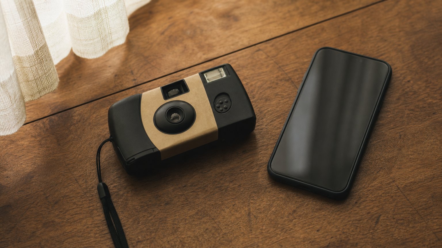 A classic disposable film camera next to a smartphone, representing the disposable camera app trend