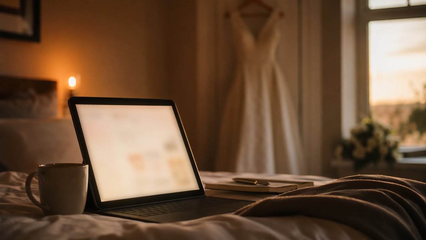 Couple checking their wedding photo gallery the morning after the event