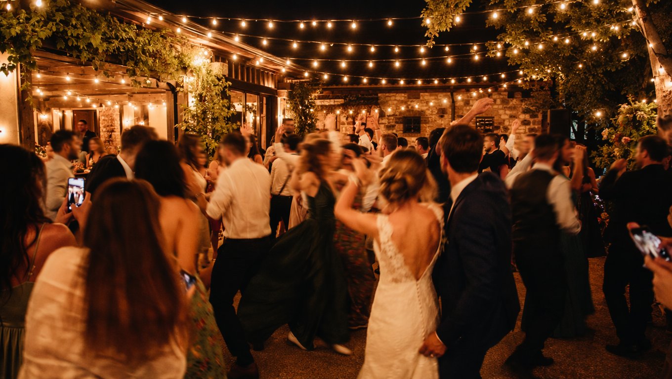 Wedding guests dancing and taking candid photos during the reception