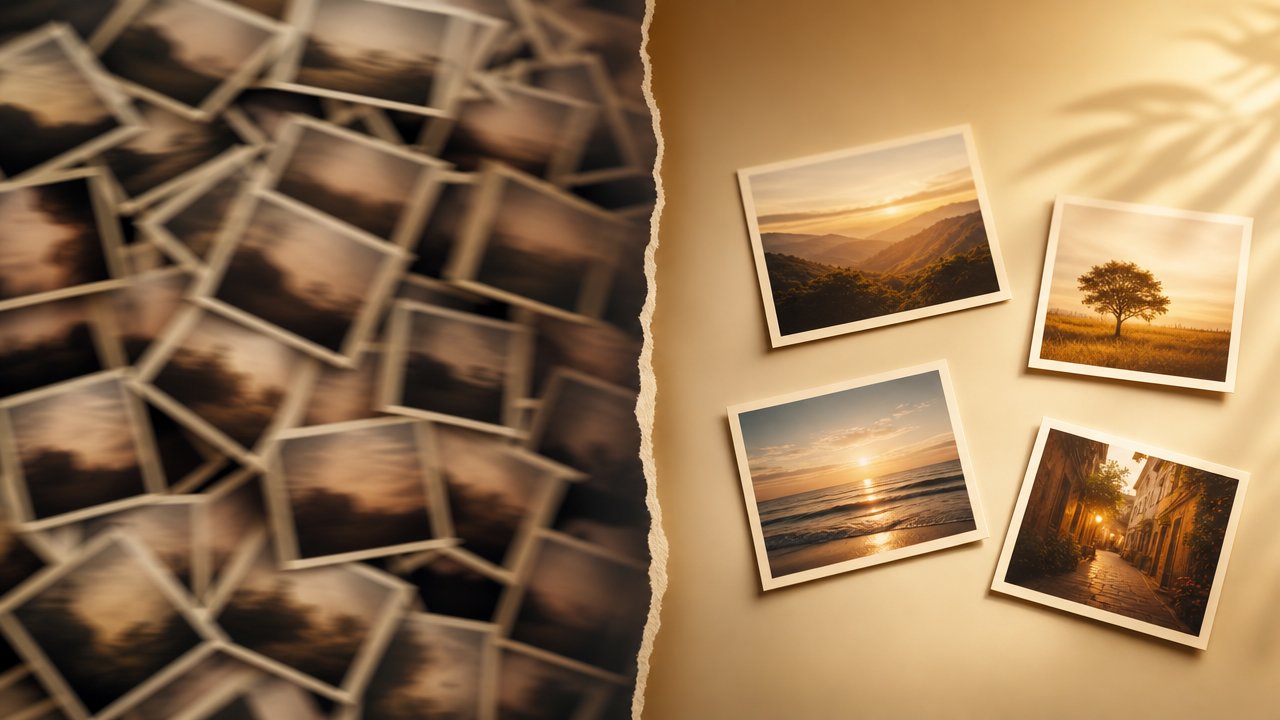 Comparison between a cluttered camera roll and a curated set of intentional photos