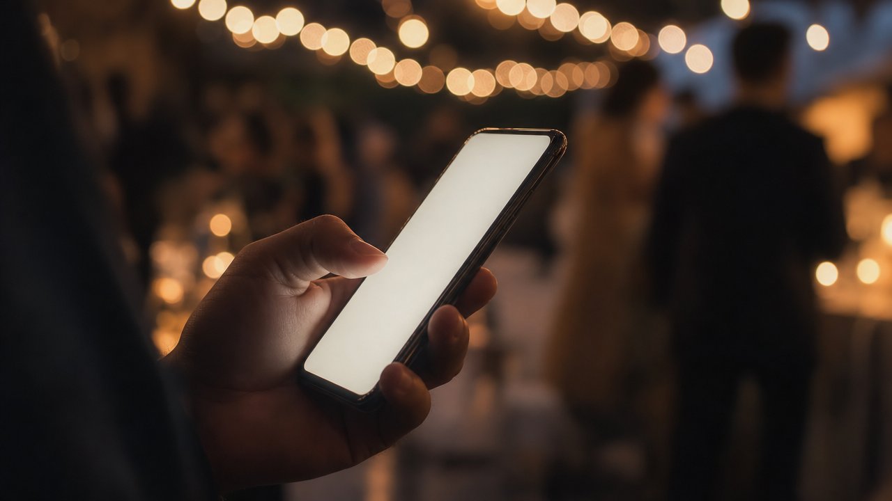 Guest holding up a phone to capture a candid moment at an evening wedding reception