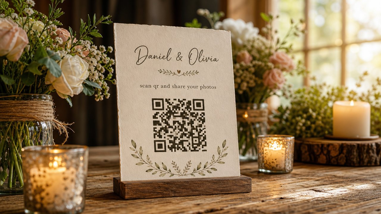A table card at a wedding reception, part of a simple photo-sharing setup for guests