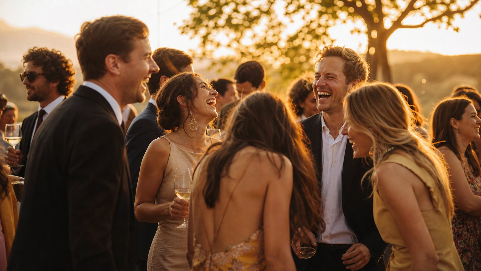 Wedding guests sharing a candid, joyful moment together outdoors