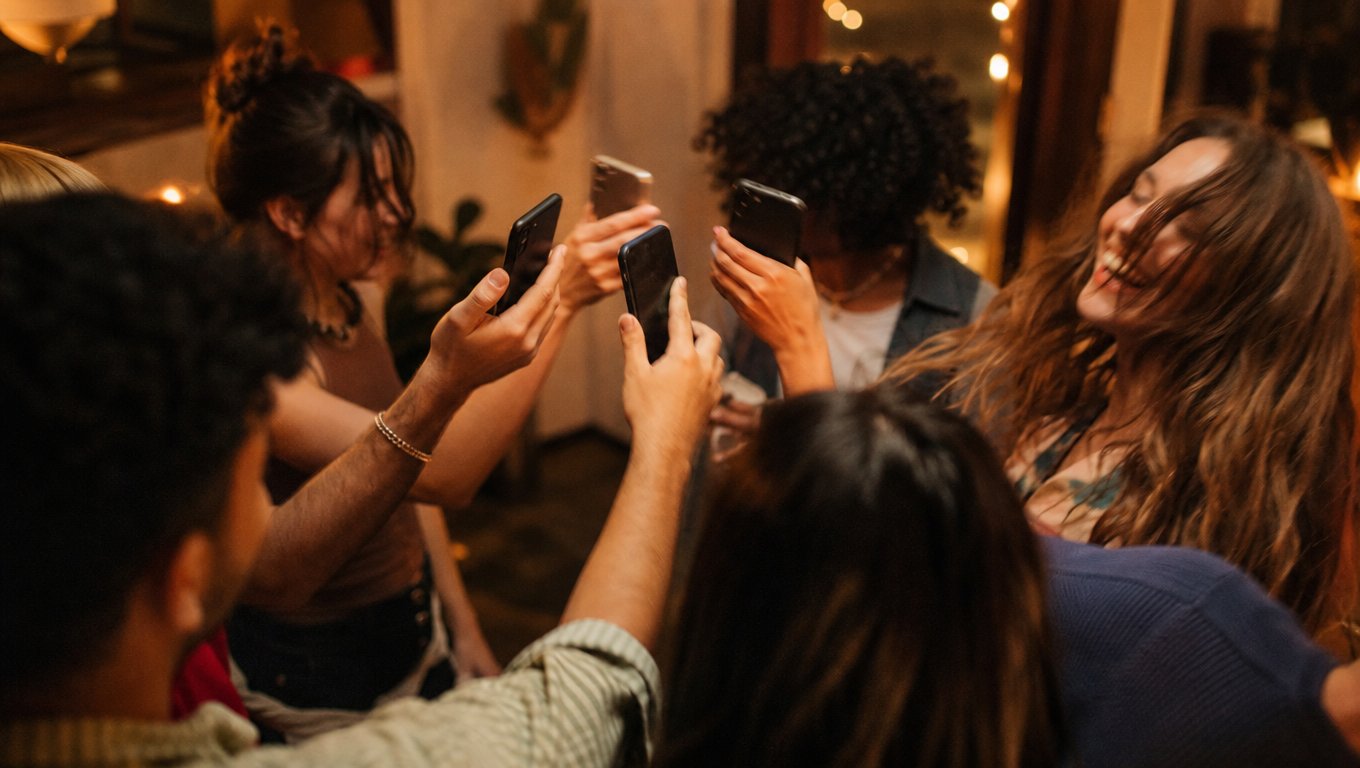 Friends at a party using their phones to take candid photos together