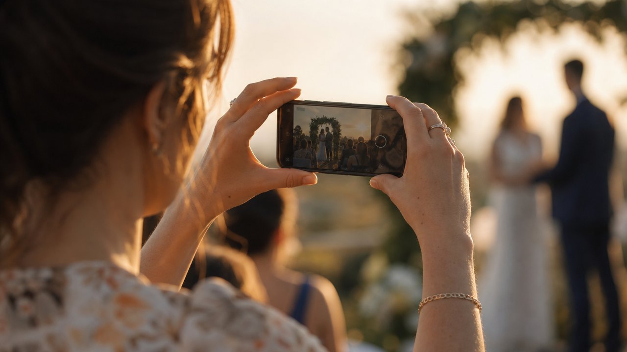 A wedding guest carefully framing a candid photo on their phone