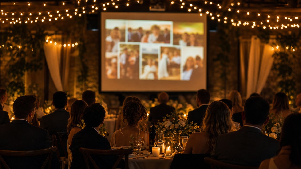 A live photo slideshow projected during a wedding reception