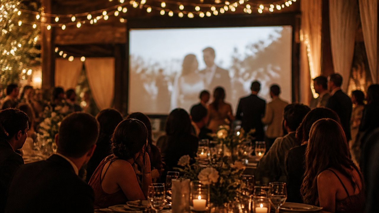 A live photo slideshow displayed during a wedding reception